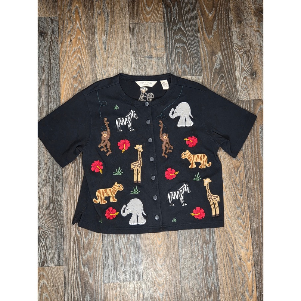 Bechamel Petites Black Safari Animal Embroidered Cardigan Short Sleeve PM Cotton